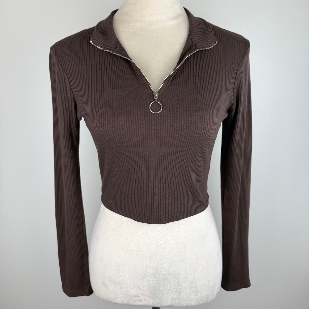Rebellious Dreamer Brown Ribbed Quarter Zip‎ O-Ring Crop Top Long Sleeve Sz Med